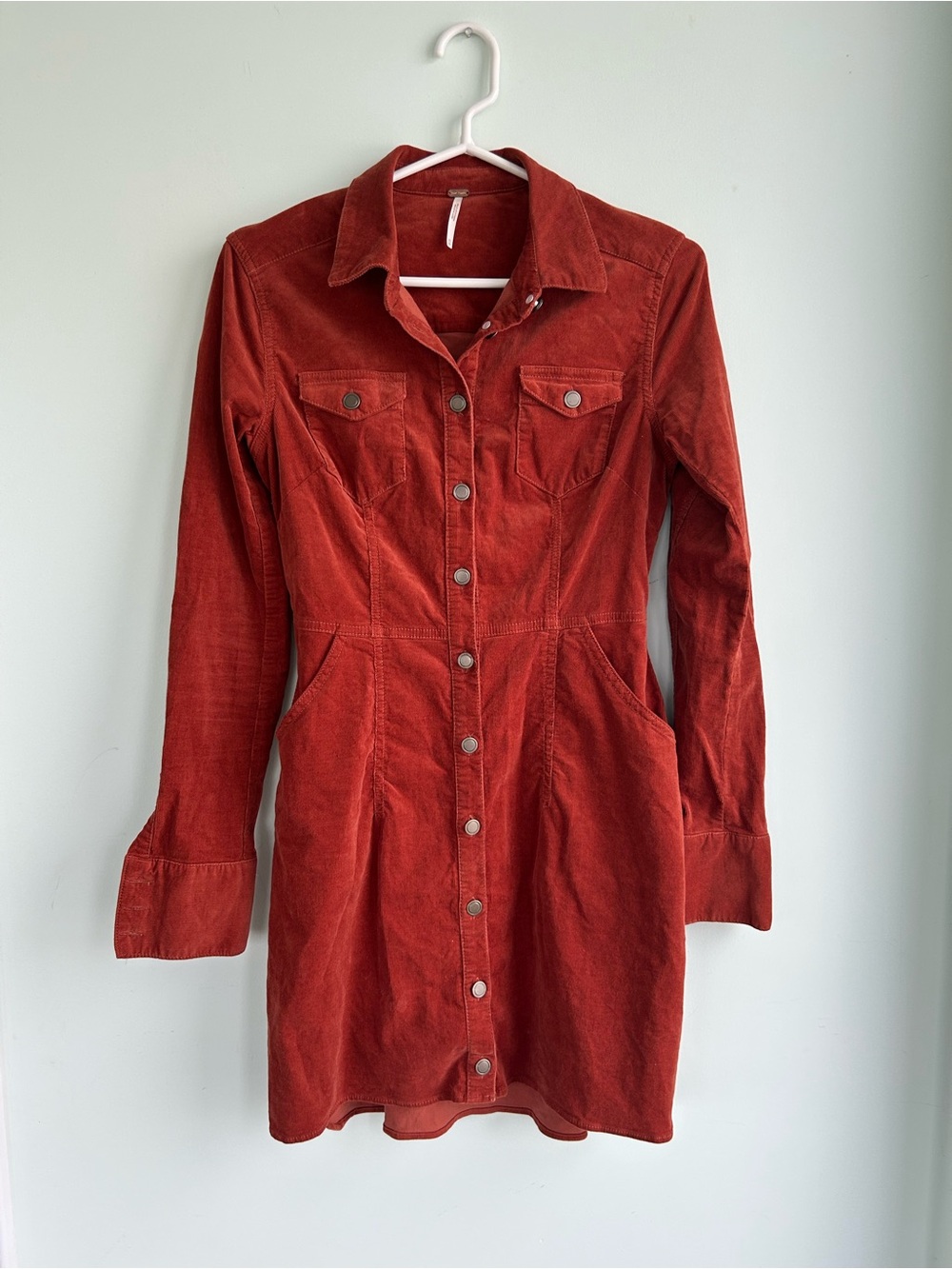 Free People Rust Red Corduroy Button-Front Long Sleeve Dress xs